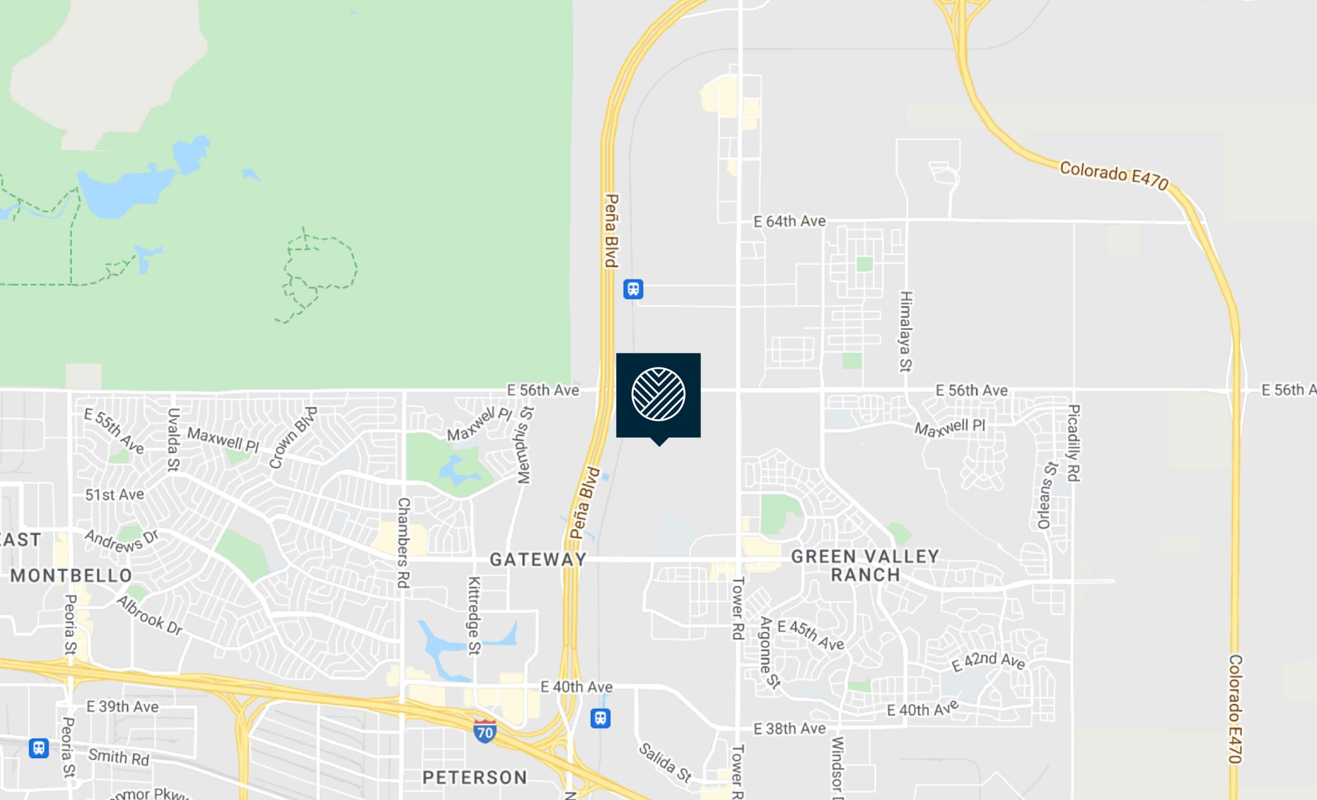 Map showing location of Momentum at First creek near Pena Boulevard in Denver.